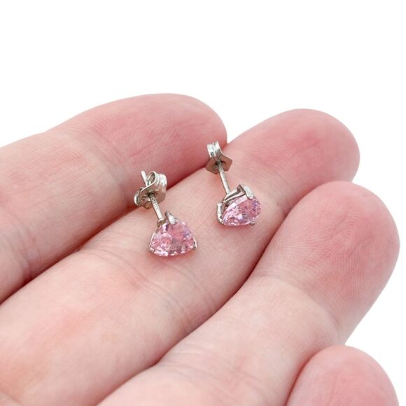 Vintage Sterling Silver 925 6.5mm Pink Heart Cubic Zirconia Stud Earrings - Picture 2 of 6